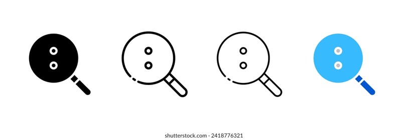Divide symbol inside magnifying glass icons. Silhouette, linear, and flat style. Vector icons.
