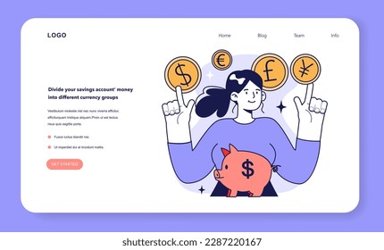 Divide your savings account' money into different currency groups to prevent inflation. Financial investitions efficiency, budgeting and economy web banner or landing page. Flat vector illustration