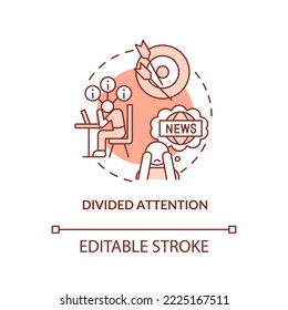 Divided attention red concept icon. Media overload. Obsessively reading news issue abstract idea thin line illustration. Isolated outline drawing. Editable stroke. Arial, Myriad Pro-Bold fonts used