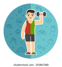 Divided cartoon man, fat on the left and fit on the right. Background with symbols of different lifestyles: unhealthy and active.