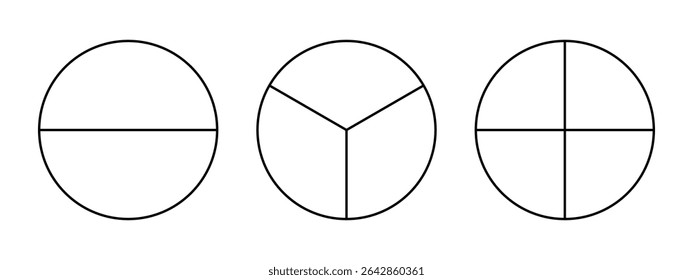 Divided circle in two, three, four segments. Pizza rounded shape, pie shape cut in 2,3,4 equal slices. Black simple line chart. Outline style. 