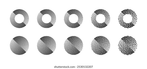 Divided Circles With Various Resolution of Bitmap Dither Gradient Vector Set Isolated On White Background. Retro 8 Bit Pixel Art Graphics Style Split Round Shapes Different Design Elements Collection