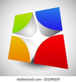 Divided, colorful cube with rounded inner corners. Abstract 3d vector graphics.