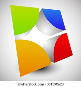 Divided, colorful cube with rounded inner corners. Abstract 3d vector graphics.