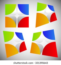 Divided, colorful cube with rounded inner corners. Abstract 3d vector graphics.