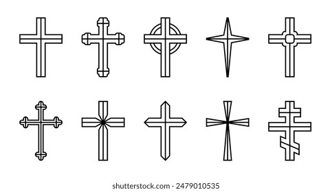 Divided cross set, silhouette of religious Christian symbol, icon shape collection. Outline emblem.