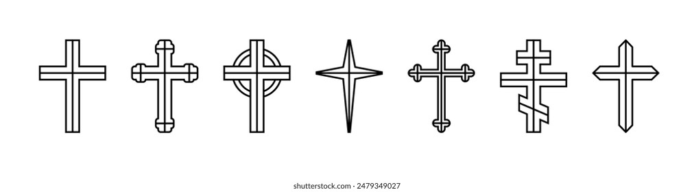 Divided cross set, silhouette of religious Christian symbol, icon shape collection. Outline emblem.