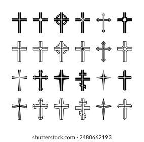 Divided cross set, silhouette of religious Christian symbol, icon shape collection. Outline emblem.