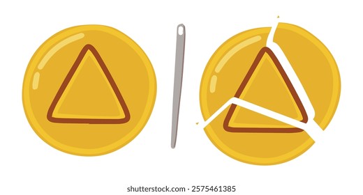 A divided dalgona candy showcasing a triangle and a circle design. Players must be precise and steady to avoid breaking the delicate shapes