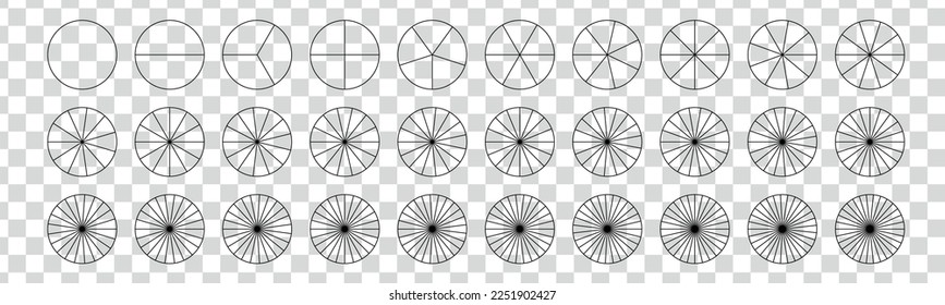 Círculos geométricos divididos. Conjunto de segmentos. Geometría simple. Diagrama con secciones o pasos. Ilustración aislada del vector