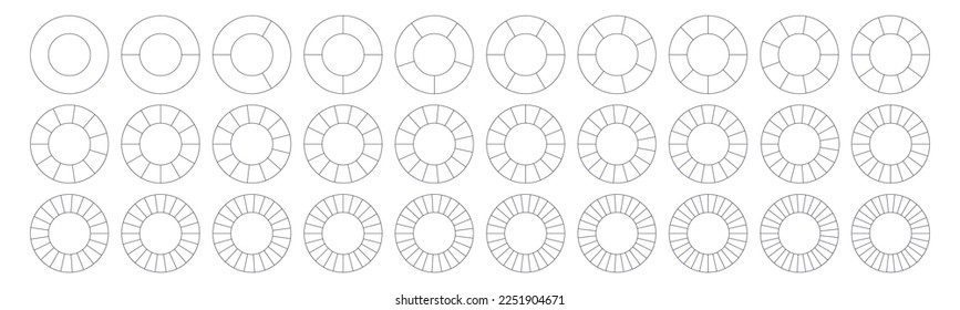 Divided geometric circles. Segment slice set. Simple geometry. Diagram with sections or steps. Vector isolated illustration