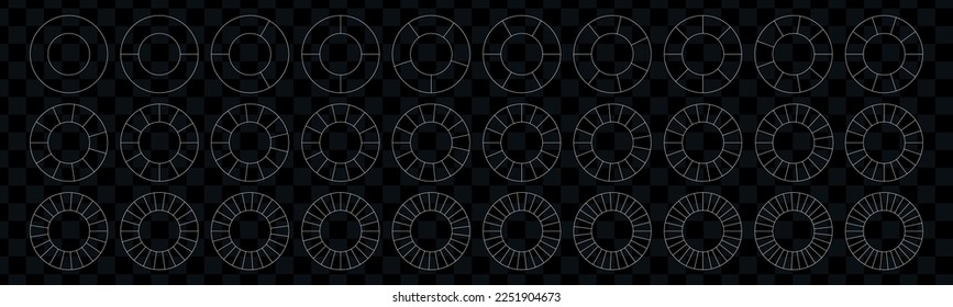 Círculos geométricos divididos. Conjunto de segmentos. Geometría simple. Diagrama con secciones o pasos. Ilustración aislada del vector