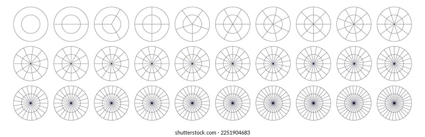 Divided geometric circles. Segment slice set. Simple geometry. Diagram with sections or steps. Vector isolated illustration