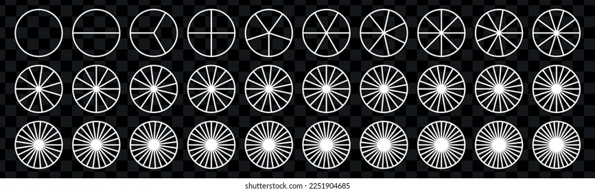 Divided geometric circles. Segment slice set. Simple geometry. Diagram with sections or steps. Vector isolated illustration