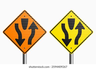 Divided Highway Begins Signs: vector illustration of traffic signs signaling the beginning of a divided highway