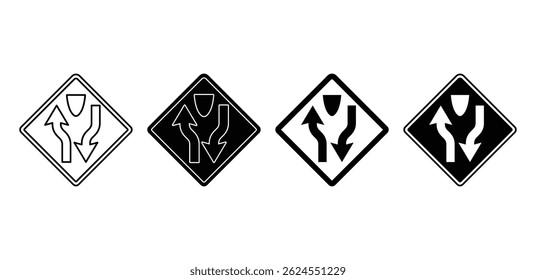 Divided Highway Ends Sign Icon Black and White Vector Graphic Illustrations Design