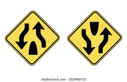 Divided highway road signs. Vector illustration of yellow diamond shaped traffic sign with black symbol inside. Information for driver. Two way street traffic.