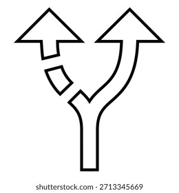 Icono dividido de flechas de carretera o carretera dividida que representa la decisión o la selección de ruta