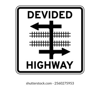 Divided Highway Transit Rail Crossing Sign Vector Indicating Rail Tracks Crossing a Divided Highway, Perfect for Road Safety and Traffic Management, High-Quality Vector Stock Image