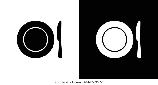 Divided image showing a black plate and knife silhouette on a white background, mirrored by a white plate and knife silhouette on a black background.