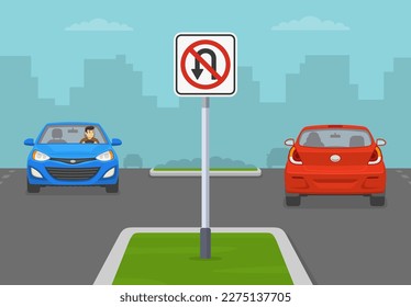 Divided lane road with "No u-turn" traffic sign. Traffic rules on expressway, speedway, motorway. Flat vector illustration template.