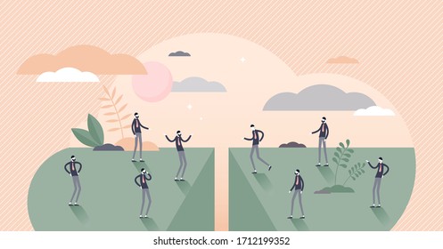 Divided People Vector Illustration. Social Community Separation Tiny Persons Concept. Split Population And Polarize Crowd With Stereotypes Unequal Income And Opinion. Abstract Problem Visualization.