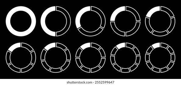 Dividido círculo de pizza conjunto de dez na cor branca no fundo preto. Conjunto de diagramas divididos em círculo. Ícone do gráfico gráfico de seção da forma de pizza. Segmento círculo vetor redondo divisão infográfico vetor ilustração.