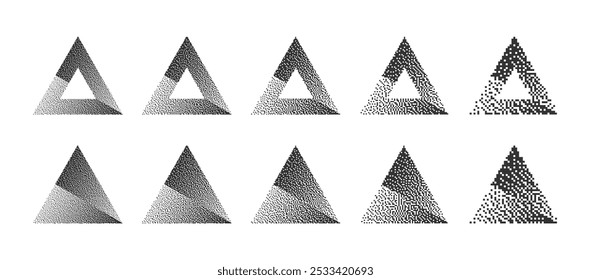 Divided Triangles With Various Resolution of Bitmap Dither Gradient Vector Set Isolated On White Background. Retro 8Bit Pixel Art Graphic Style Split Triangle Shape Different Design Element Collection