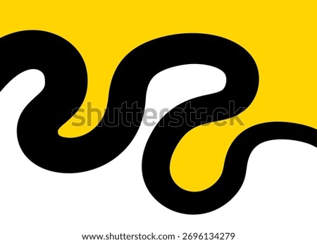 Divided yellow-black-white. Vector background. Curved black line on white background. Abstract riverbed. Design element. Map fragment. Stream. Trace. Water
