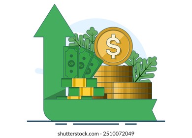 dividend concept, financial management, return on investment, income growth arrow, increase in income or profit, budget planning, retirement savings account, fundraising. vector illustration.