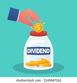 Dividend concept. Improve profit. Man puts a gold coin in the box. Dollar coins in the bank. Vector illustration flat design. Investment stock market. Save up money.