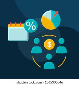 Dividend flat concept vector icon. Deposit idea cartoon color illustrations set. Investment, capital share. Fundraising. Partners, shareholders. Joint-stock company. Isolated graphic design element