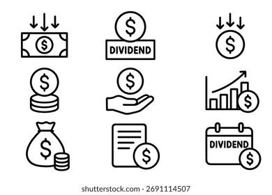 Conjunto de iconos de dividendo. Símbolos negros de Vector de inversión, finanzas e ilustraciones de glifos de ganancias