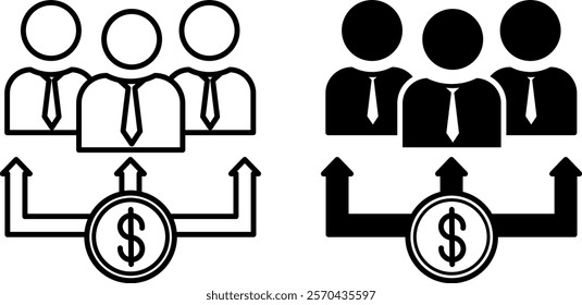 Dividend Icons. Black and White Vector Illustration. Profit Share Distributed Among Shareholders. Investors and Dollar Coin. Stock Market Concept