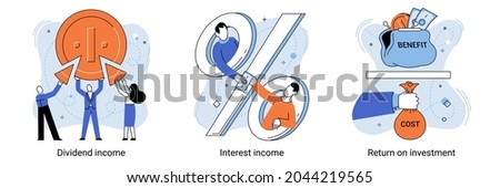 Dividend income and financial profitability. Return on investment chart, budget fund plan, revenue increase, accounting report, money bag income, pension saving account, business and finance set