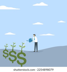 Dividend Investment concept, prosperity and economic growth or business saving and profit concept, happy businessman investor holding watering can to water the seeds he planted from dollar sign.