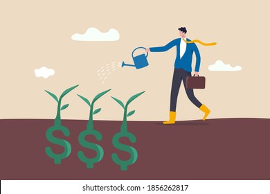 Dividend investment, prosperity and economic growth or saving and business profit concept, happy businessman investor holding watering can to watering grow sprout seedling he plant from dollar sign.