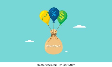 Bolsa de dinero de dividendos con globos que representan gráficos de crecimiento financiero e iconos de dólares que los llevan volando, aumento en los ingresos por dividendos o retorno de la inversión