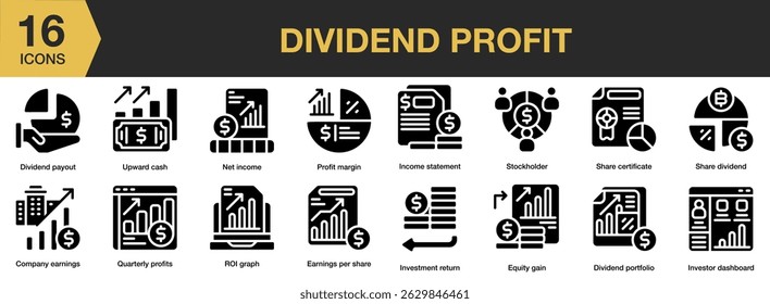 Dividend Profit solid icon set. Includes profit, money, finance, business, investment, growth, and More. Solid icons vector collection.
