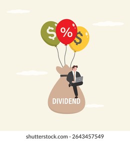 Dividend, stock investment. Financial profit from stocks or bonds. Happy businessman stock investor sitting on money bag with text - dividend, floating with dollar sign balloons. vector illustration