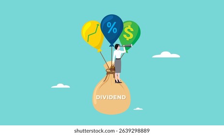dividend, stock investment return concept, happy businesswoman investors standing on money bag with the word dividend floating with dollar sign balloons