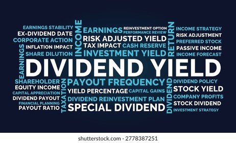 Dividend Yield Word Cloud Design for Investment, Income, Finance, Payout. Dividend Yield Blue Business Concept
