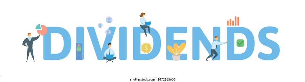 DIVIDENDS. Concept with people, letters and icons. Colored flat vector illustration. Isolated on white background.