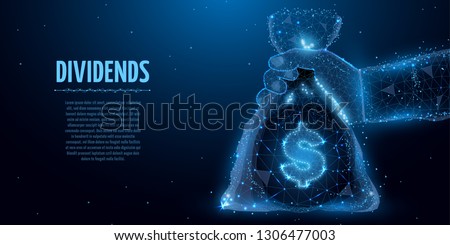 Dividends . Polygonal hand holding a dividends bag on blue background.  Allegory in low poly style. Vector illustration