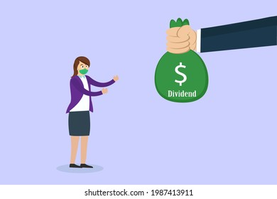 Concepto vectorial de dividendos: Mano de gente dando saco de dinero a una joven con texto dividido