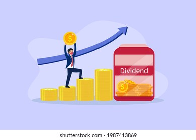 Dividends vector concept: Young businessman carrying coin into dividends jar while walking on the stack of coins