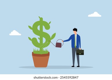 Dividends yield investment, businessman investor nurturing development currency cash vegetation. 