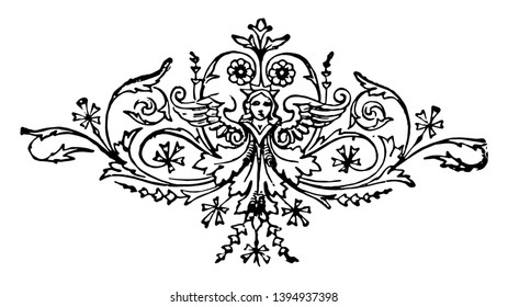 Divider with Angel are decorated with floral arrangements in this picture vintage line drawing or engraving illustration.