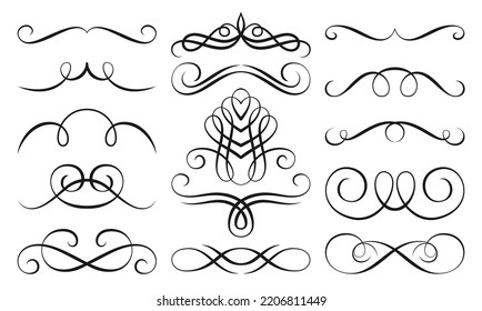 Divider border calligraphy decor set. Frame linear victorian flourishes. Vintage vignette scrolls, swirl black line pattern. Festive hand drawn retro typographic design element for card, menu, diploma