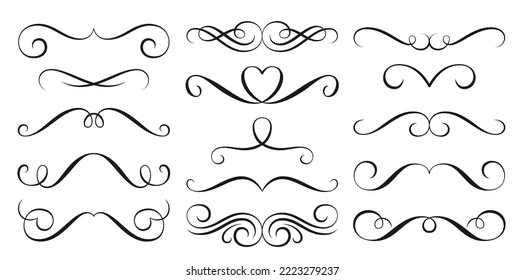 Divider border calligraphy decor set. Frame linear victorian flourishes. Vintage vignette scrolls, swirl black line pattern. Festive hand drawn retro typographic design element for card, menu, diploma